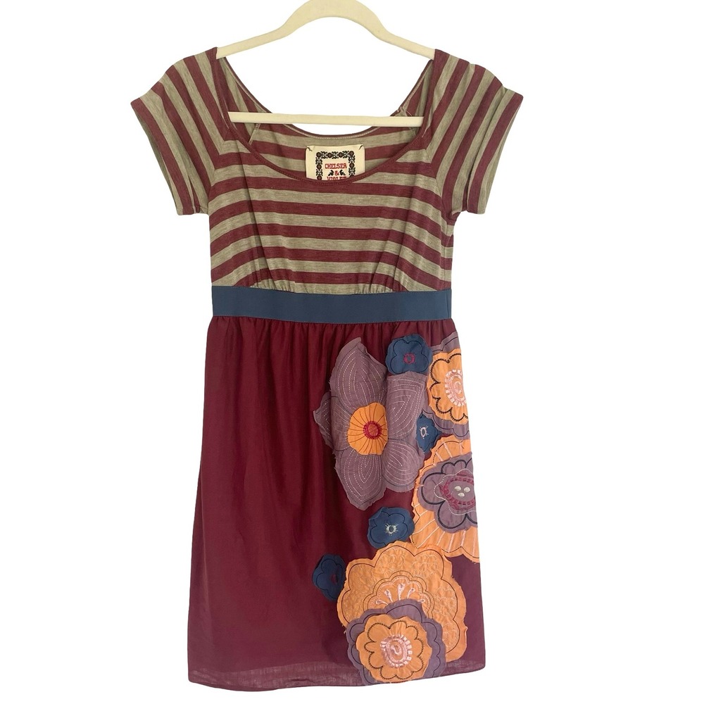 Chelsea & Violet Women Striped Floral Applique Mini Dress Burgundy Size‎ XS NEW